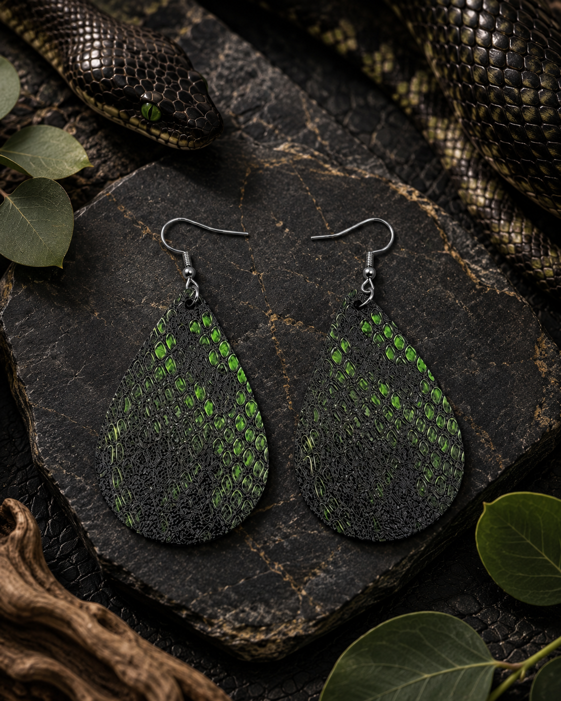 Green and Black Snakeskin Earrings